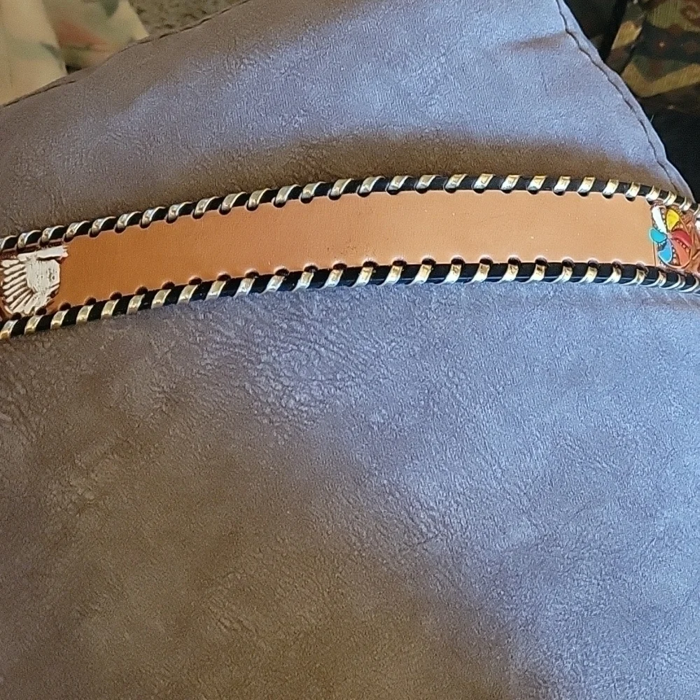 VTG 1970s Mexican Western Painted Eagle Pinwheel Leather NAME Belt Strap